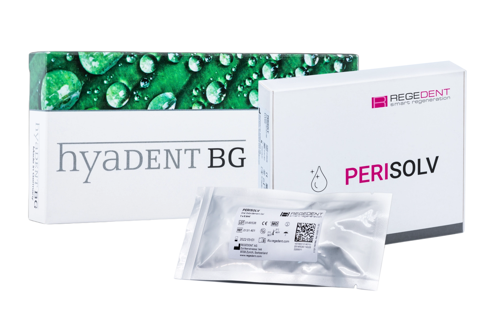 Close up van Hyadent BG hyaluronzuurgel & Regedent Perisolv productverpakkingen