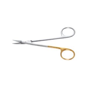 Chirurgische schaar met rechte bladen en goudkleurige ringgreep voor dentale procedures