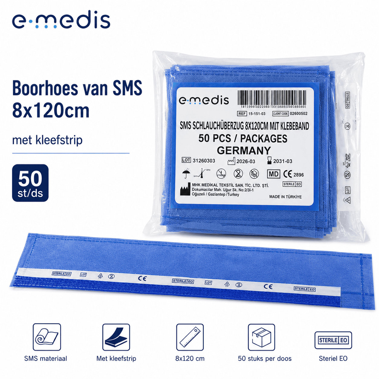 Boorhoes van SMS, 8x120cm, met kleefstrip 50 st/ds
