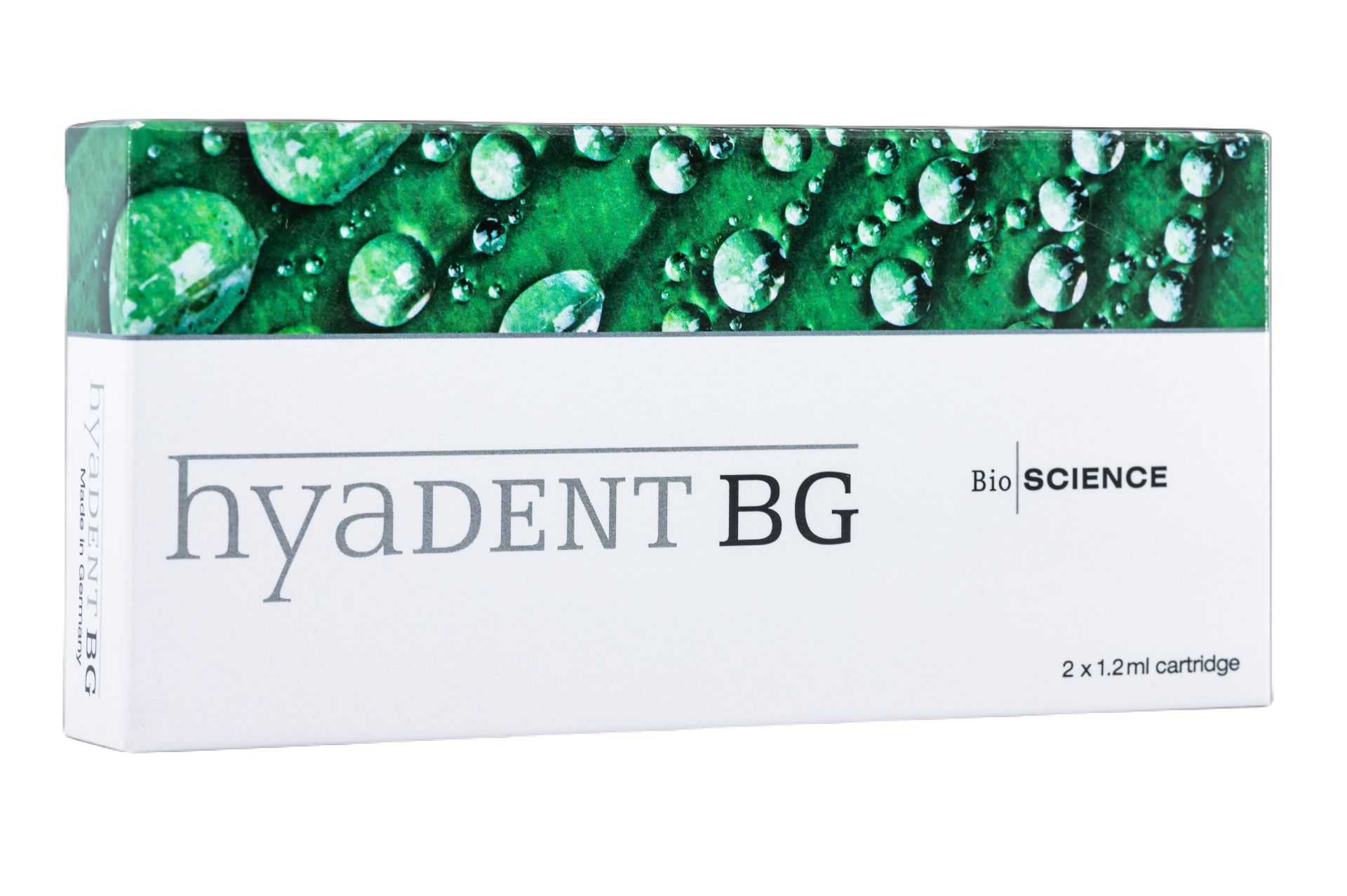 Productverpakking Hyadent BG hyaluronzuurgel voor weefselregeneratie in de tandheelkunde